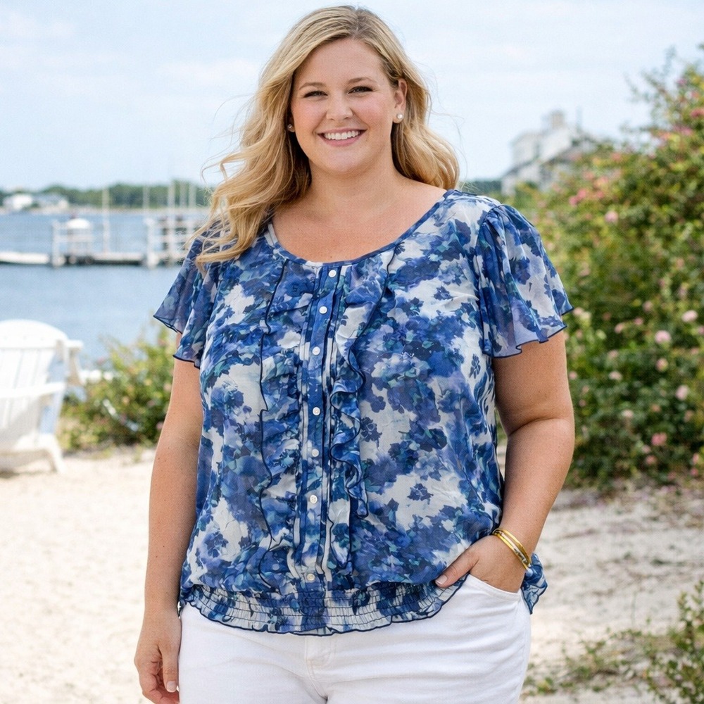 LOFT Floral Ruffle Blouse Lightweight Blue White Watercolor Womens XL Button Top